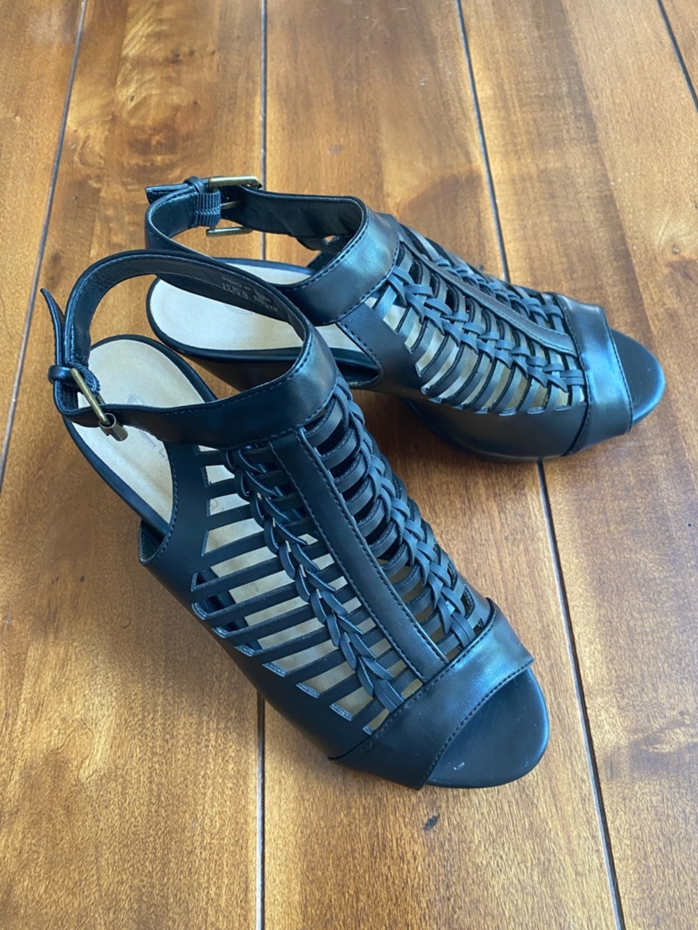 CL by Laundry Black Woven Peep-Toe Slingback Heels